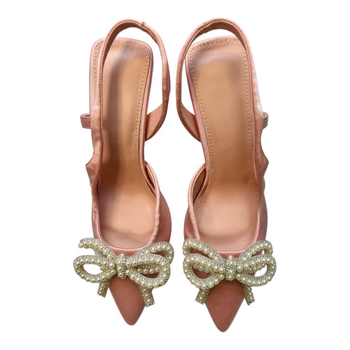 Blush Pink Satin Slin5gback Heels with Pearl Bow – EU 35 / US